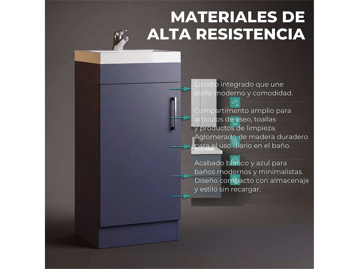 Mobile bagno Madrid da 40 cm con lavabo, rubinetto e 1 anta, blu