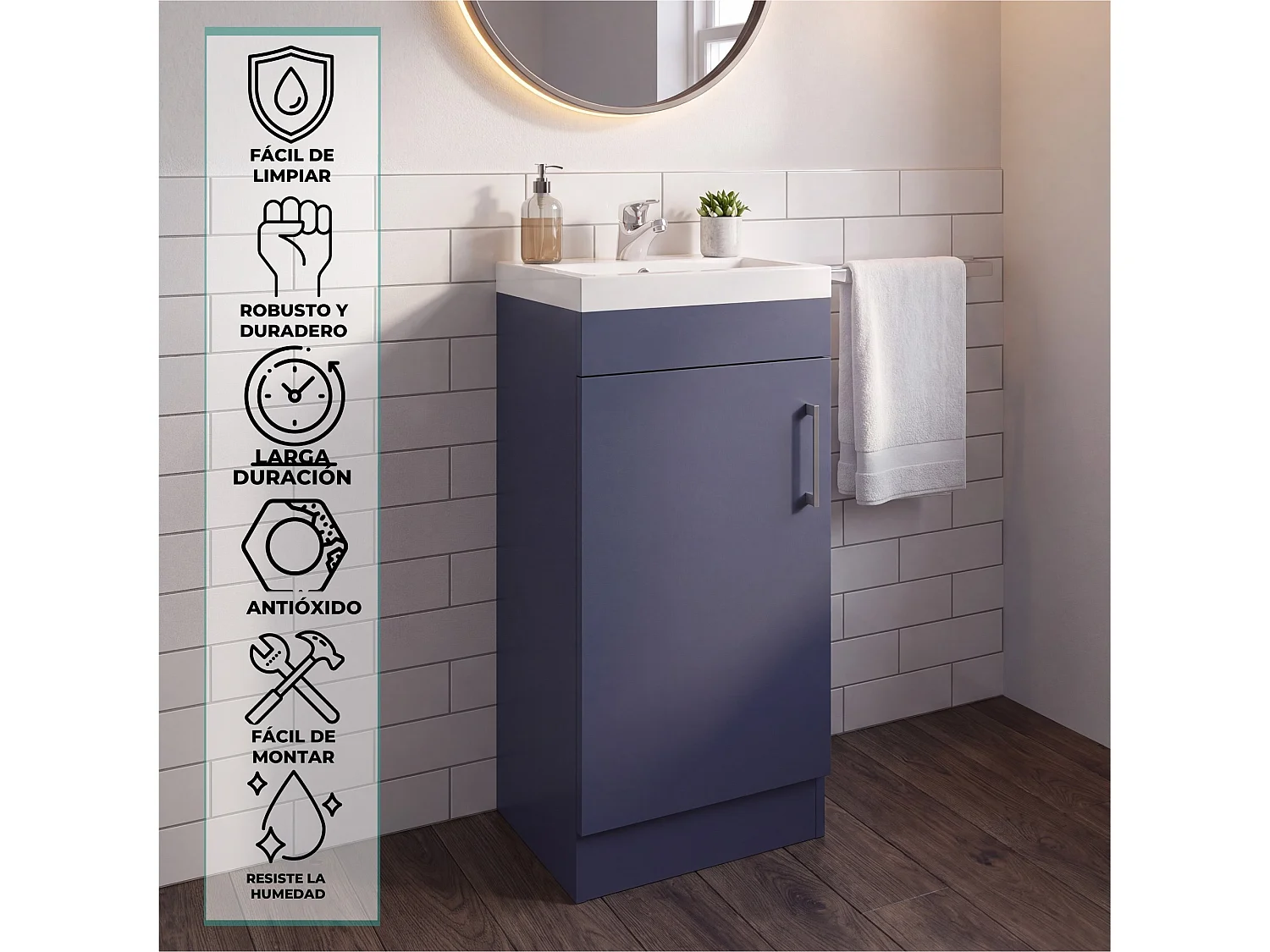 Mobile bagno Madrid da 40 cm con lavabo, rubinetto e 1 anta, blu