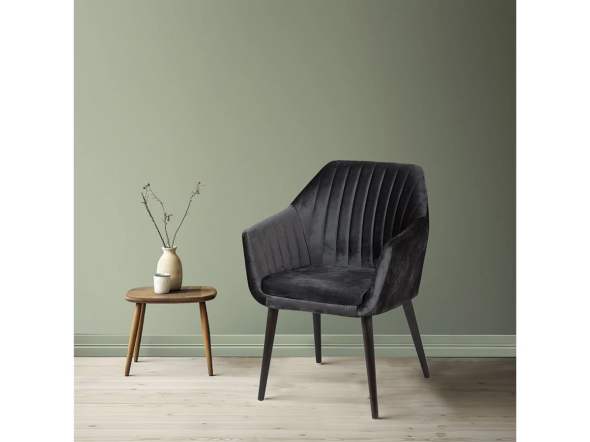 Lot de 2 Fauteuils tissu velours gris anthracite pieds laqués wengé  - RIVIERA