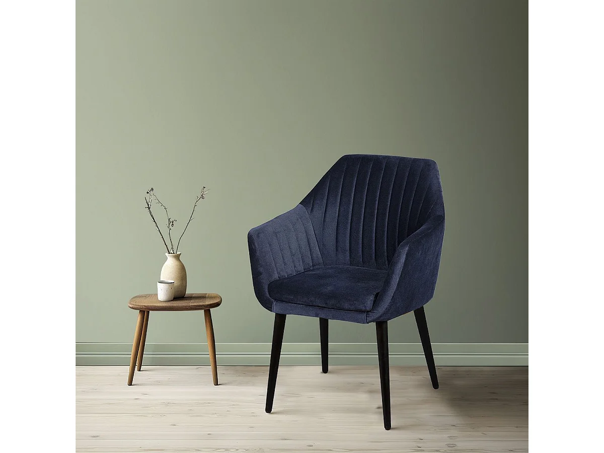 Lot de 2 Fauteuils tissu velours bleu nuit pieds laqués wengé  - RIVIERA
