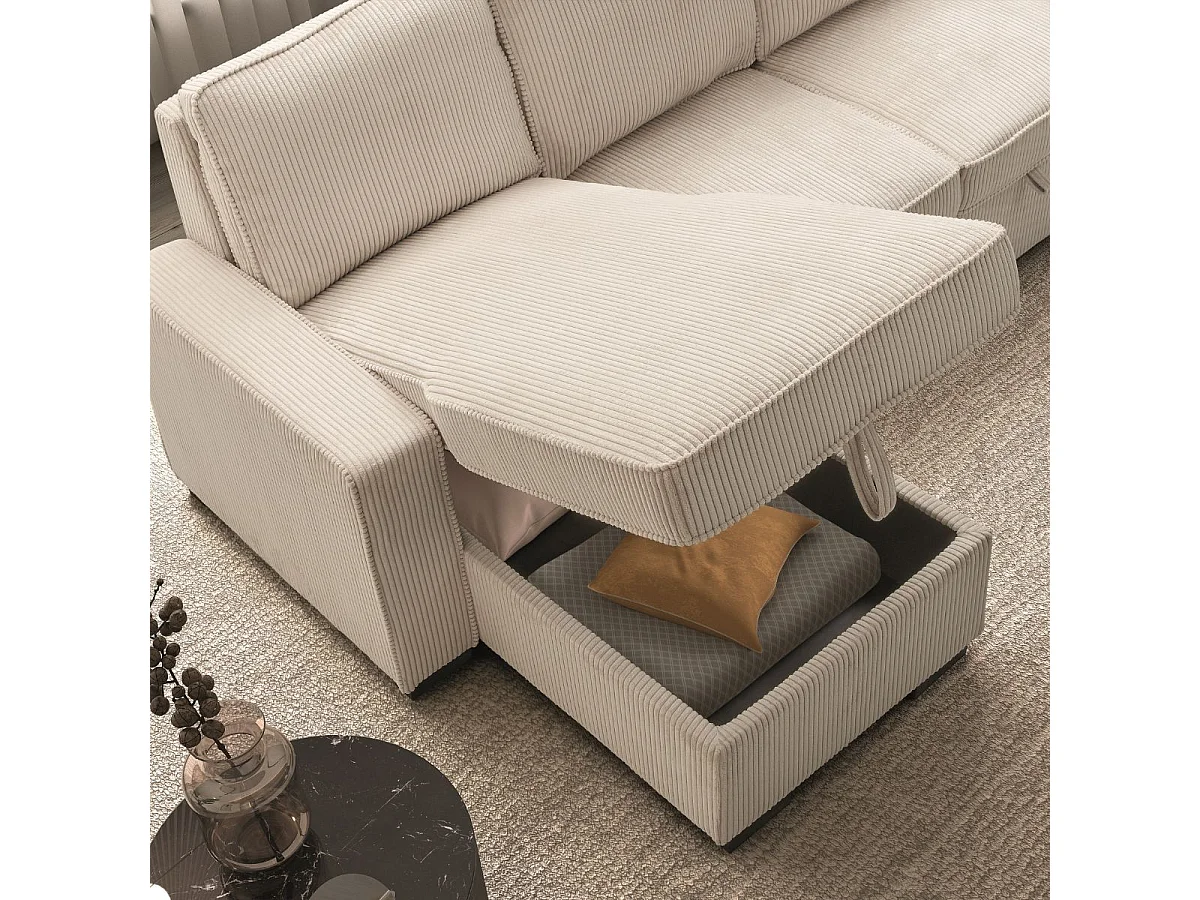 Canapé d'angle gauche convertible avec 1 coffre velours côtelé beige - NAPOLINO