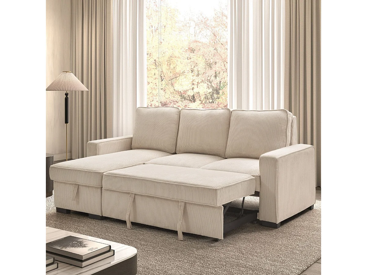 Canapé d'angle gauche convertible avec 1 coffre velours côtelé beige - NAPOLINO