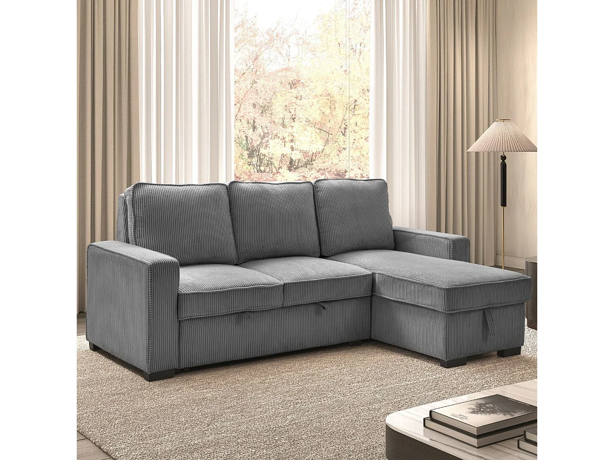 Canapé d'angle droit convertible avec 1 coffre velours côtelé gris - NAPOLINO