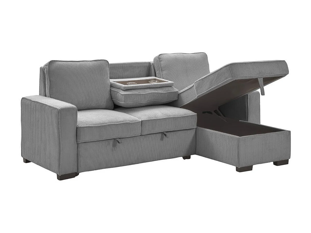 Canapé d'angle droit convertible avec 1 coffre velours côtelé gris - NAPOLINO