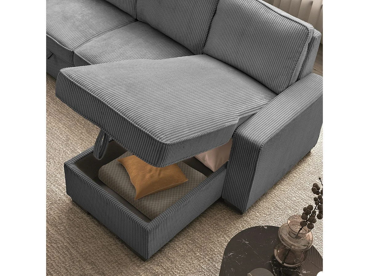 Canapé d'angle droit convertible avec 1 coffre velours côtelé gris - NAPOLINO