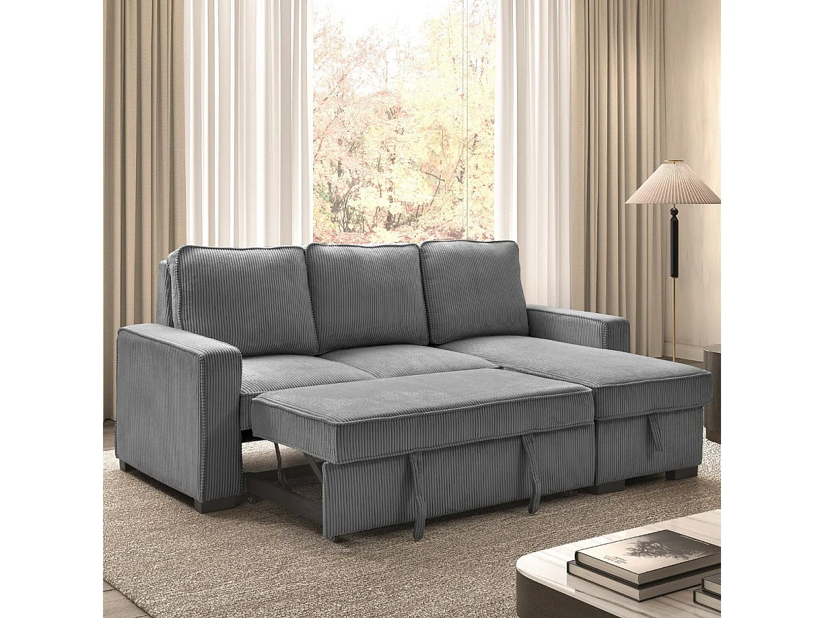 Canapé d'angle droit convertible avec 1 coffre velours côtelé gris - NAPOLINO