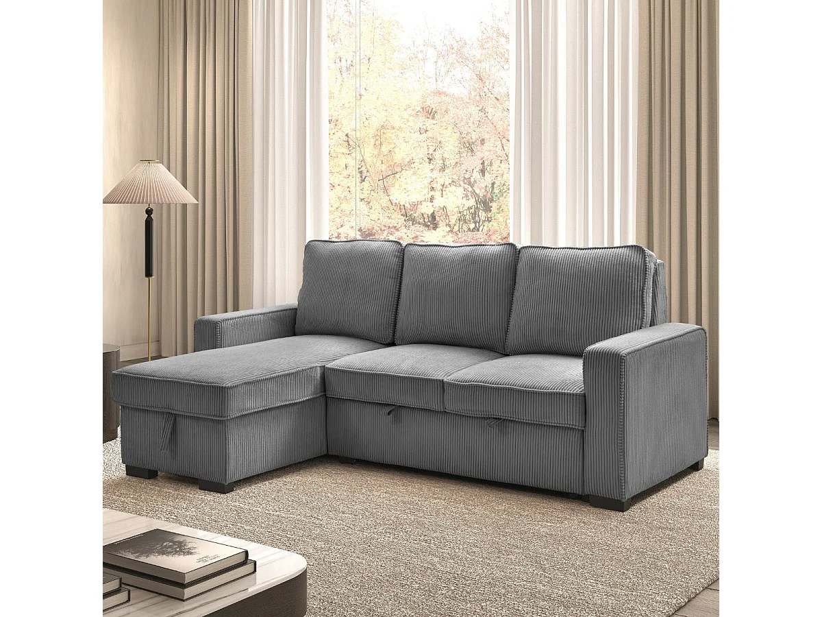 Canapé d'angle gauche convertible avec 1 coffre velours côtelé gris - NAPOLINO