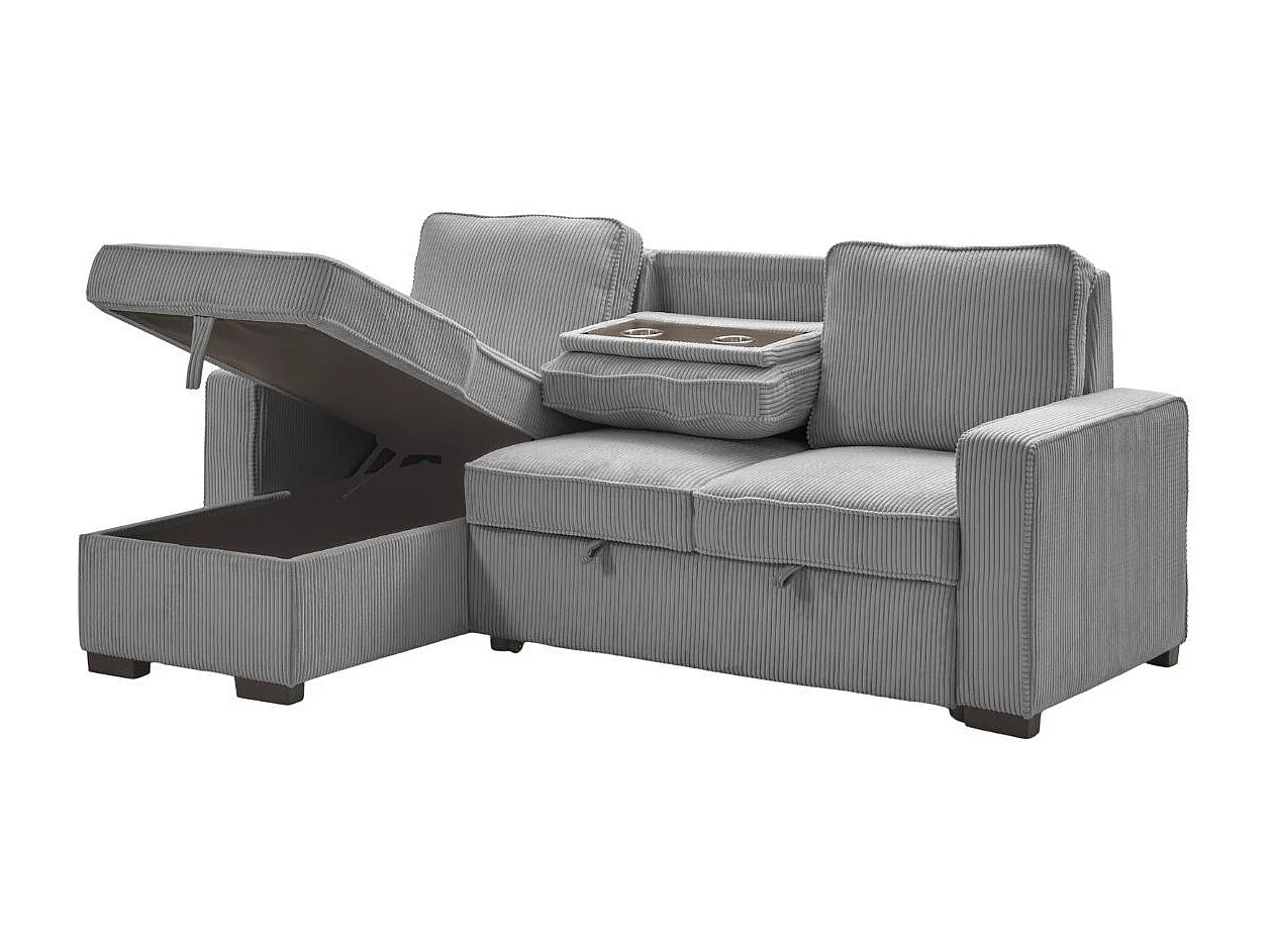 Canapé d'angle gauche convertible avec 1 coffre velours côtelé gris - NAPOLINO