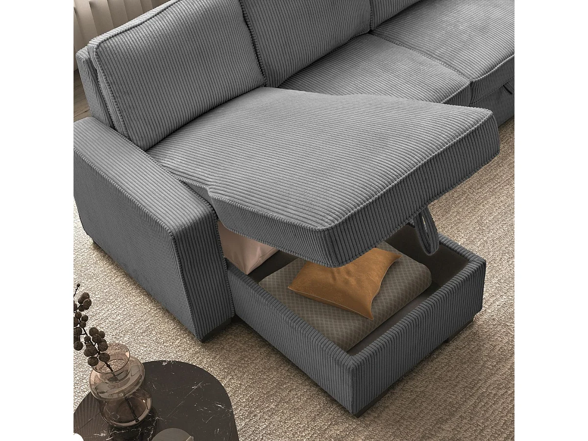 Canapé d'angle gauche convertible avec 1 coffre velours côtelé gris - NAPOLINO