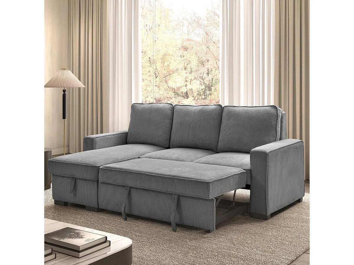 Canapé d'angle gauche convertible avec 1 coffre velours côtelé gris - NAPOLINO