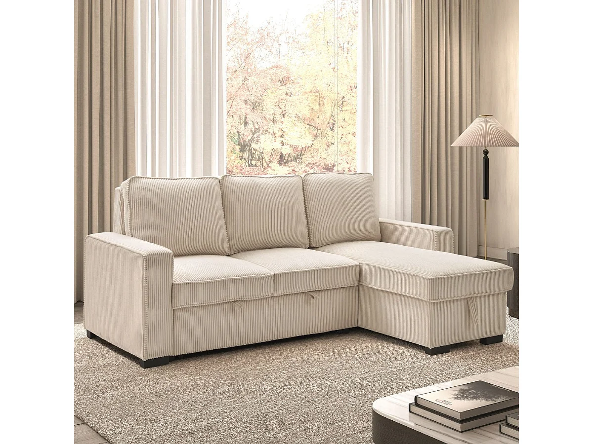 Canapé d'angle droit convertible avec 1 coffre velours côtelé beige - NAPOLINO