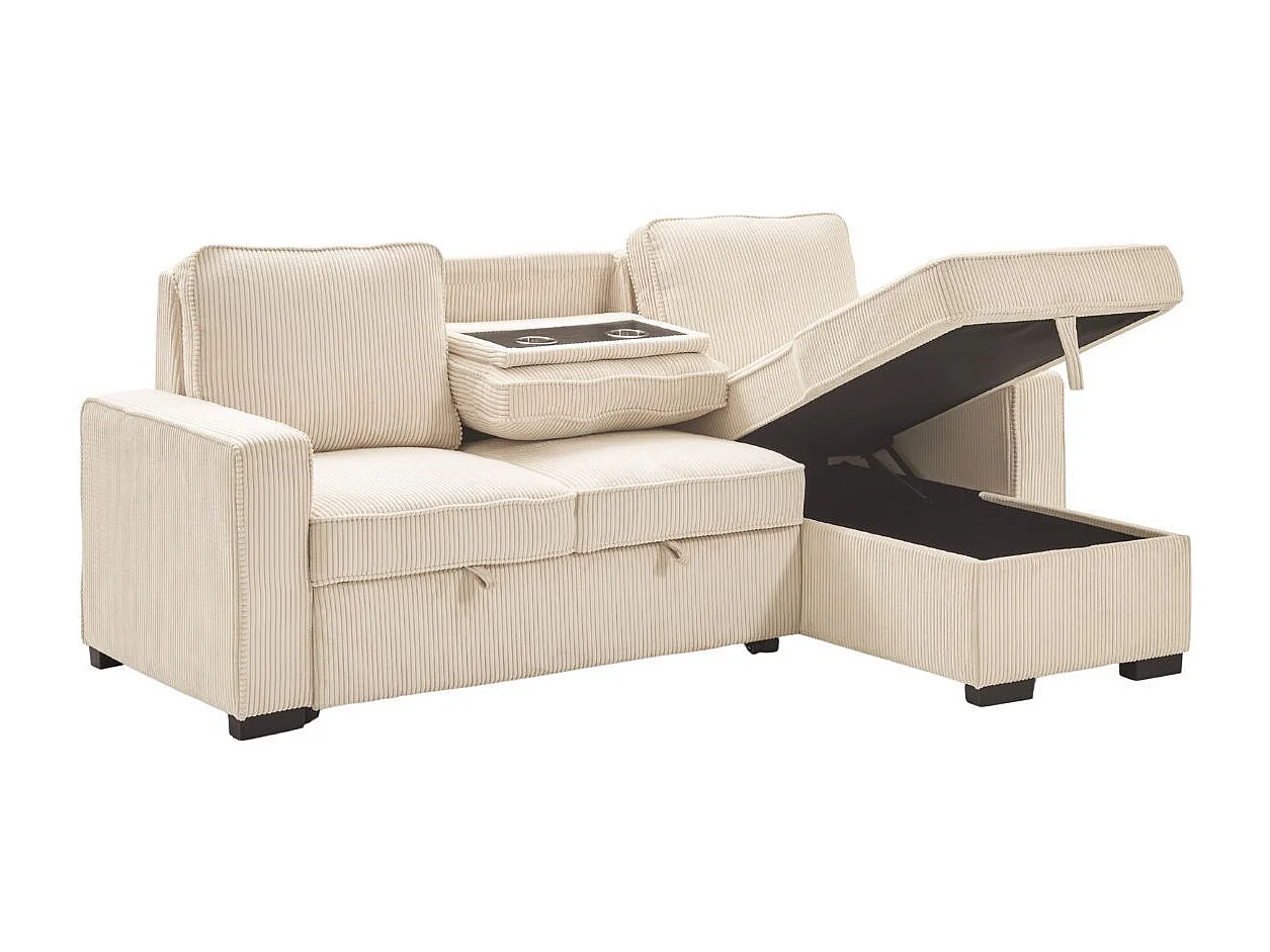 Canapé d'angle droit convertible avec 1 coffre velours côtelé beige - NAPOLINO