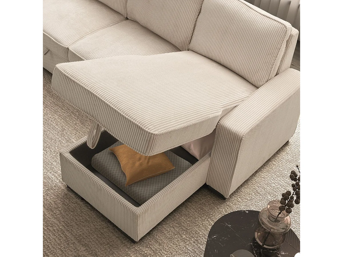 Canapé d'angle droit convertible avec 1 coffre velours côtelé beige - NAPOLINO