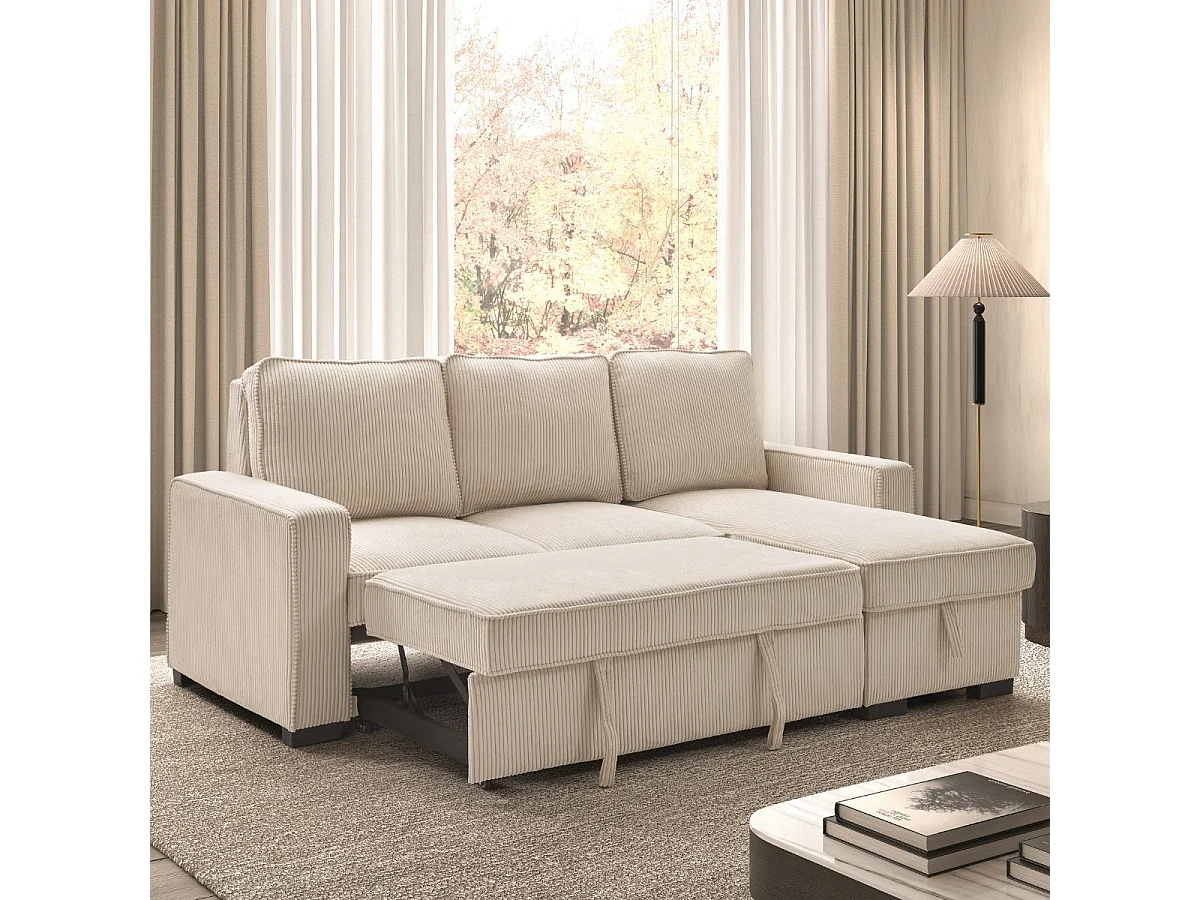 Canapé d'angle droit convertible avec 1 coffre velours côtelé beige - NAPOLINO