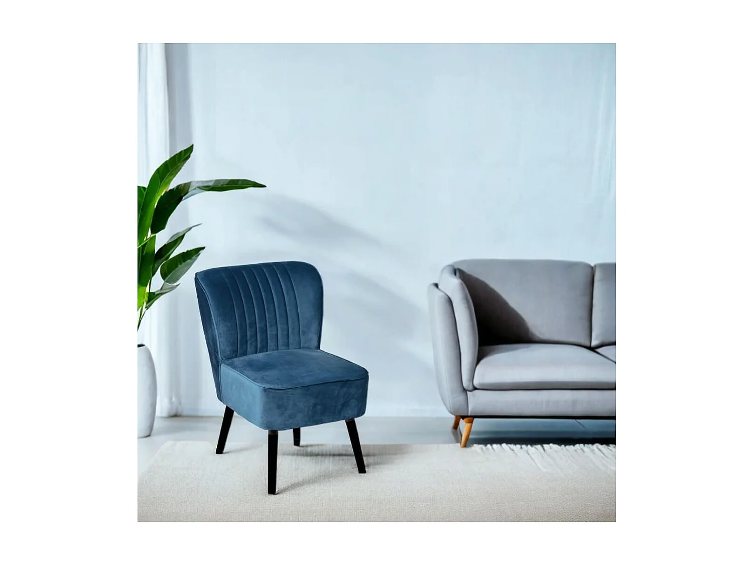 Fauteuil tissu polyester velours bleu canard pieds bois laqués noirs - JOSEPH