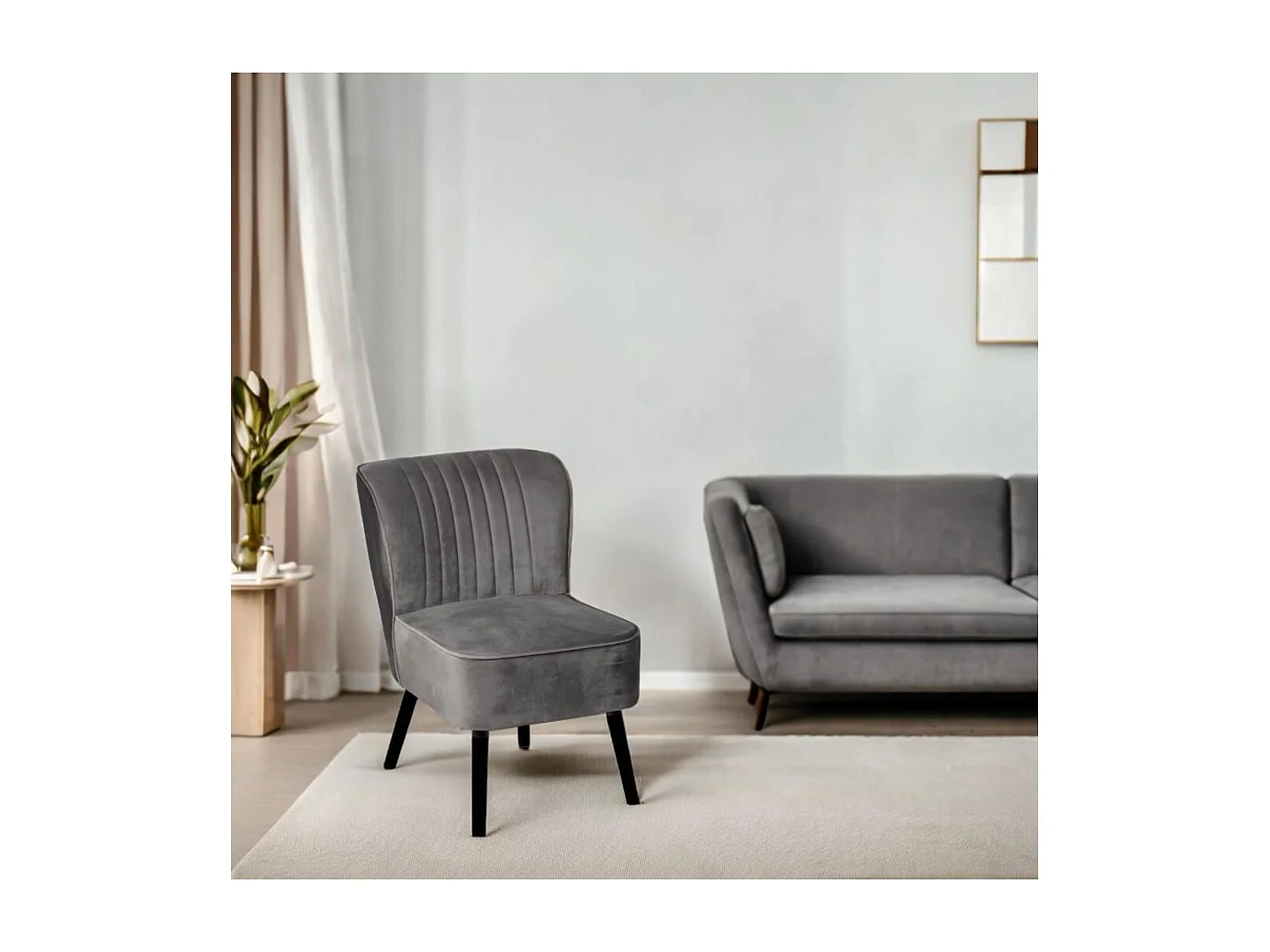 Fauteuil tissu polyester velours gris pieds bois laqués noirs - JOSEPH