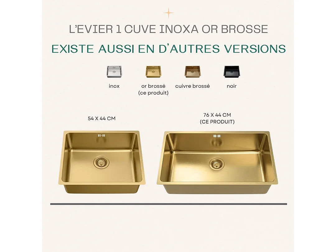 Inoxa zlewozmywak 1 duża komora 76x44 ze stali nierdzewnej szczotkowanej złoto - Essebagno