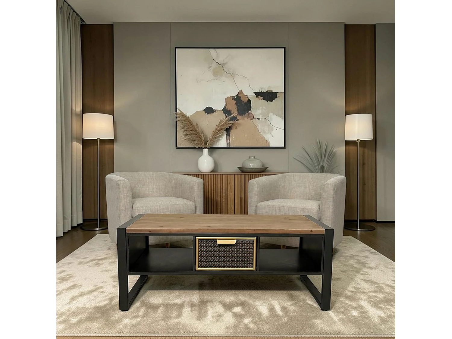 Table basse avec rangement et 1 tiroir en cannage métallique ATELIER