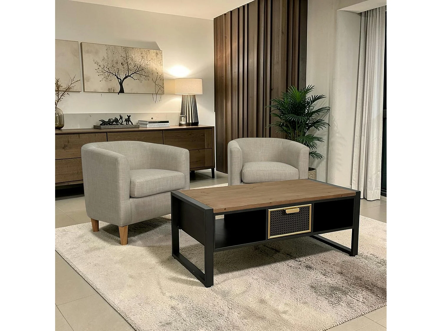 Table basse avec rangement et 1 tiroir en cannage métallique ATELIER