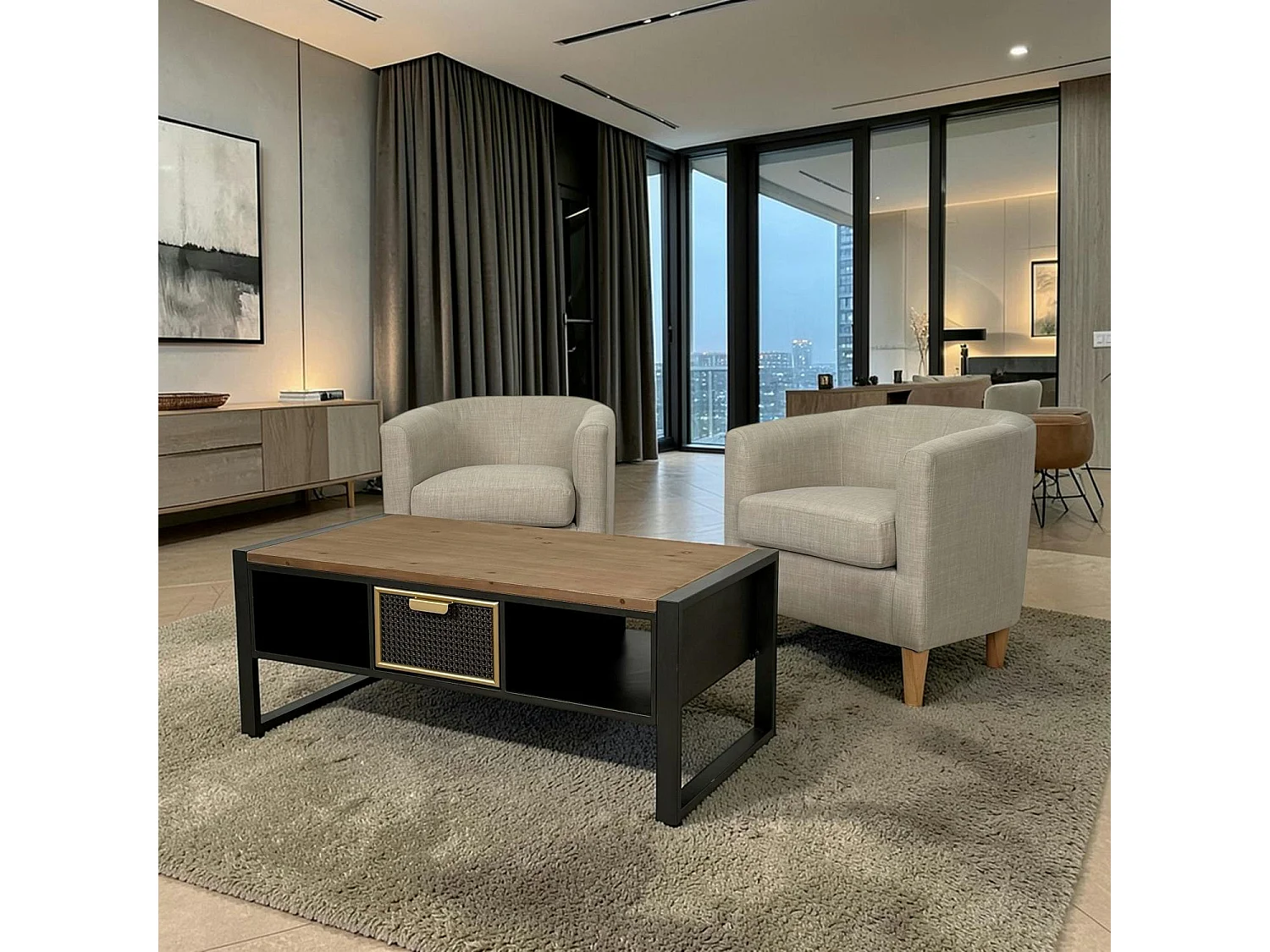 Table basse avec rangement et 1 tiroir en cannage métallique ATELIER