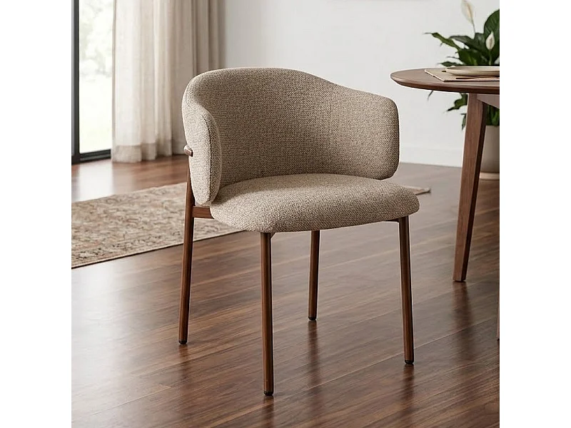 Chaise de Table Tissu Chiné Beige et Pieds Métal Style Bois Foncé Felicy