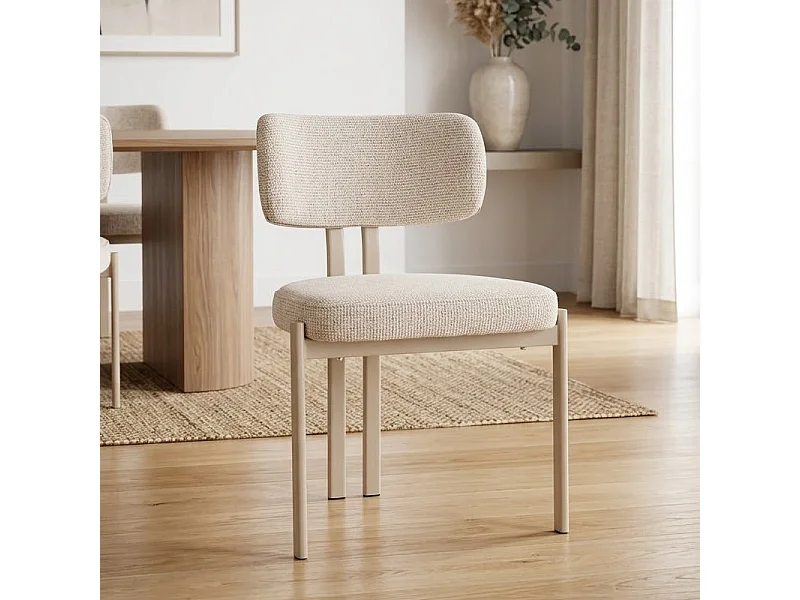 Chaise design minimaliste en tissu chiné beige et pieds métal cachemire Sola