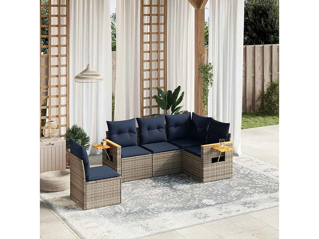 Set de sofás de jardín 5 piezas con cojines ratán sintético gris