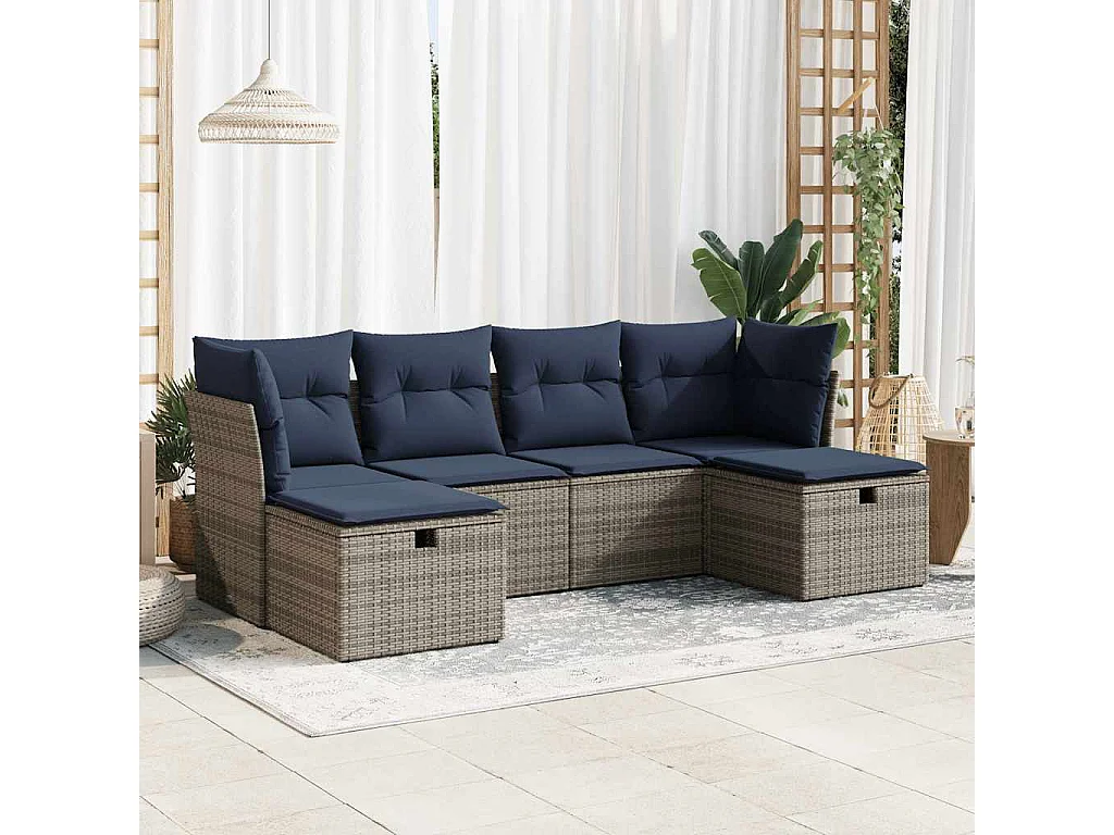 Set de muebles de jardín 6 piezas y cojines ratán sintético gris