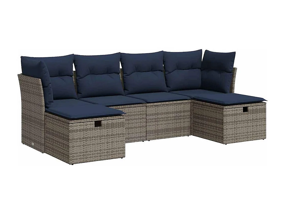 Set de muebles de jardín 6 piezas y cojines ratán sintético gris