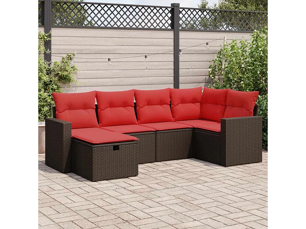 Set sofás de jardín 6 piezas y cojines ratán sintético marrón
