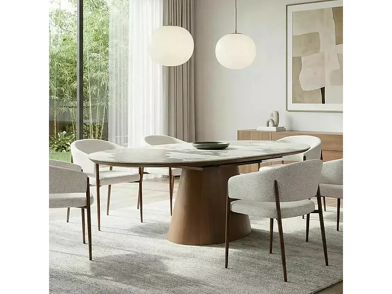 Table ovale extensible en céramique marbre et pied bois – 160-200 cm Liam