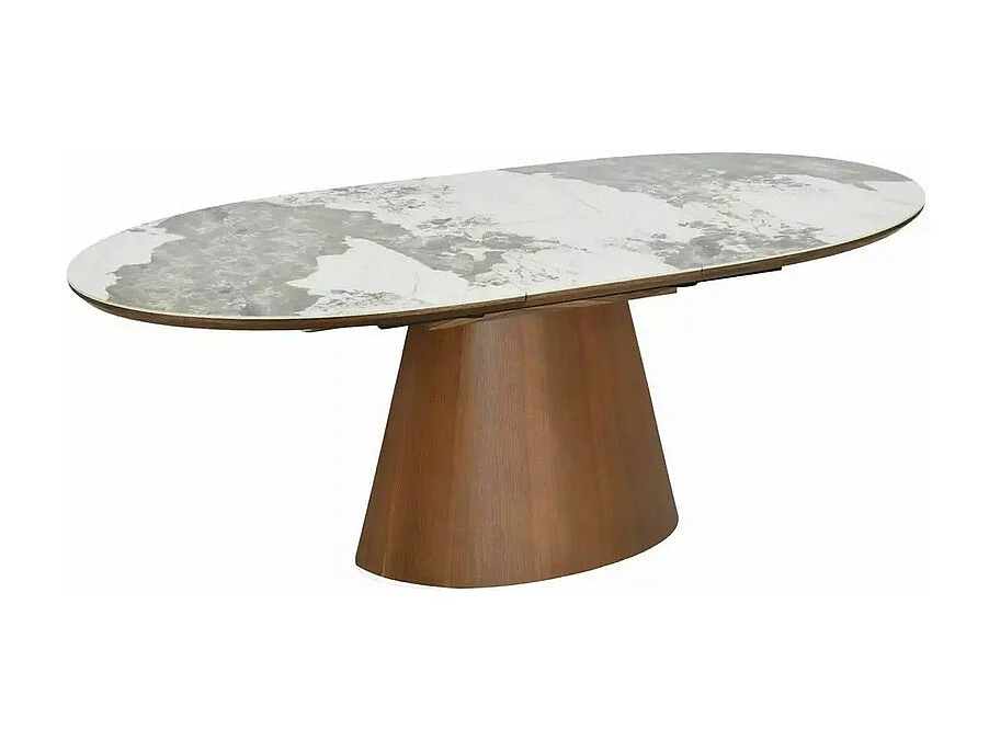 Table ovale extensible en céramique marbre et pied bois – 160-200 cm Liam