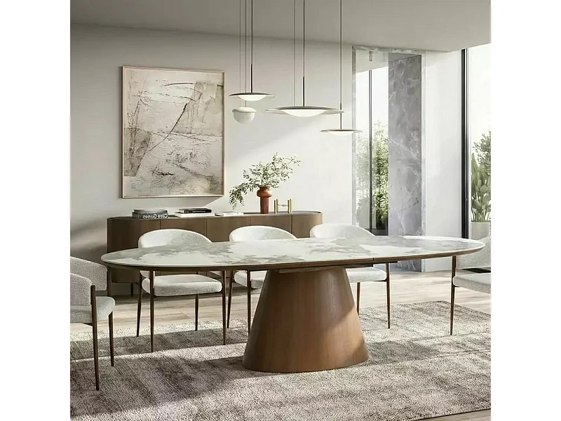 Table ovale extensible en céramique marbre et pied bois – 160-200 cm Liam