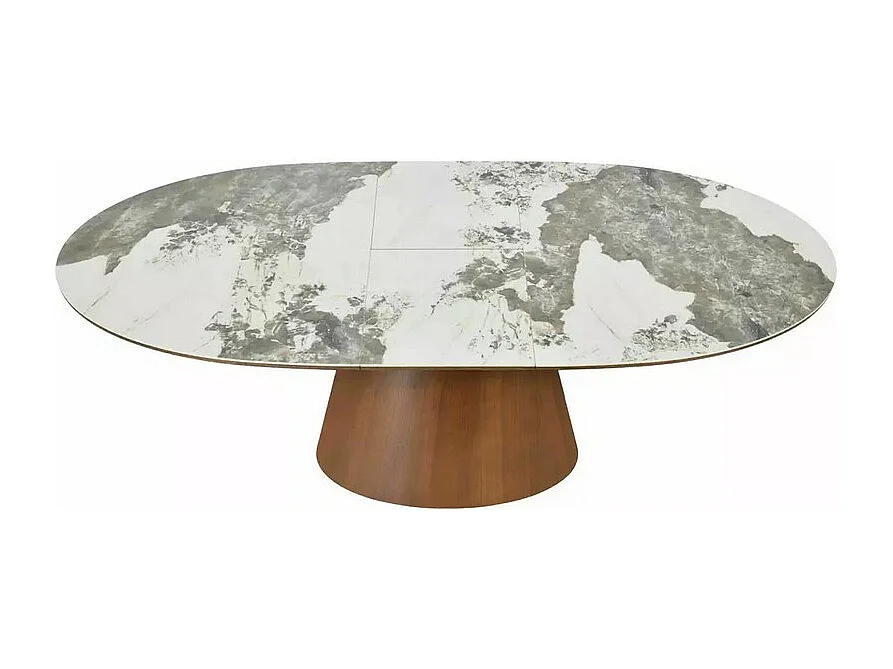 Table ovale extensible en céramique marbre et pied bois – 160-200 cm Liam