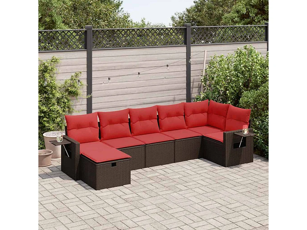 Juego de sofás de jardín 7 piezas con cojines ratán PE marrón