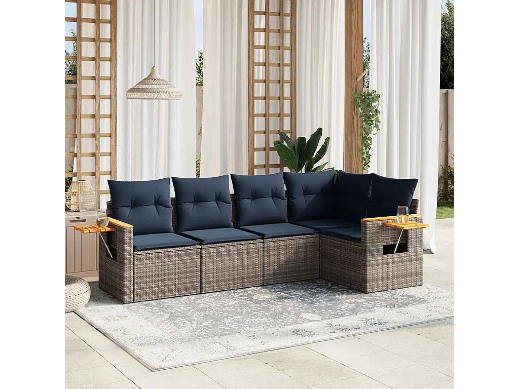 Set de sofás de jardín 5 piezas con cojines ratán sintético gris