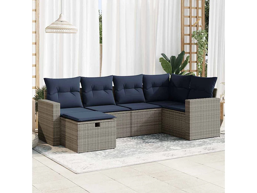 Set de muebles de jardín 6 piezas y cojines ratán sintético gris