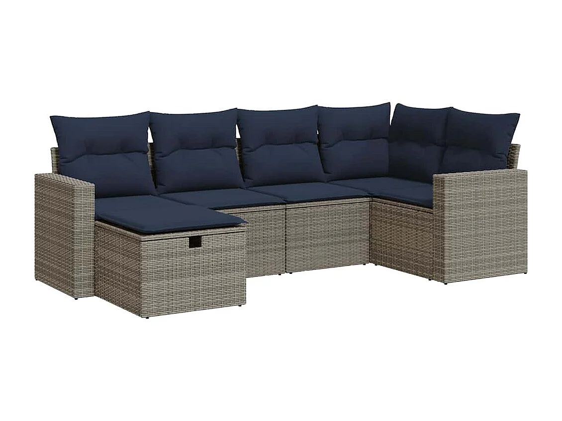 Set de muebles de jardín 6 piezas y cojines ratán sintético gris