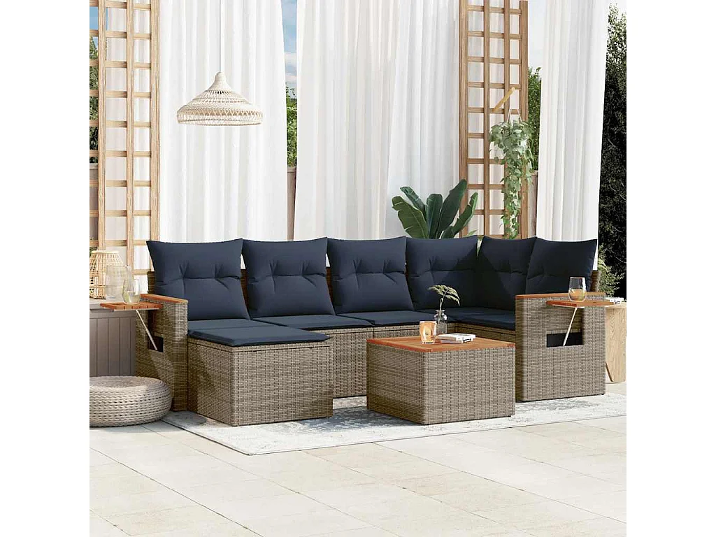 Set de sofás de jardín 7 piezas con cojines ratán sintético gris