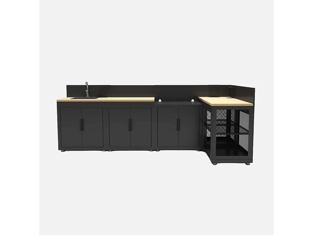 Cocina de exterior 5 módulos acero y decoración madera negro