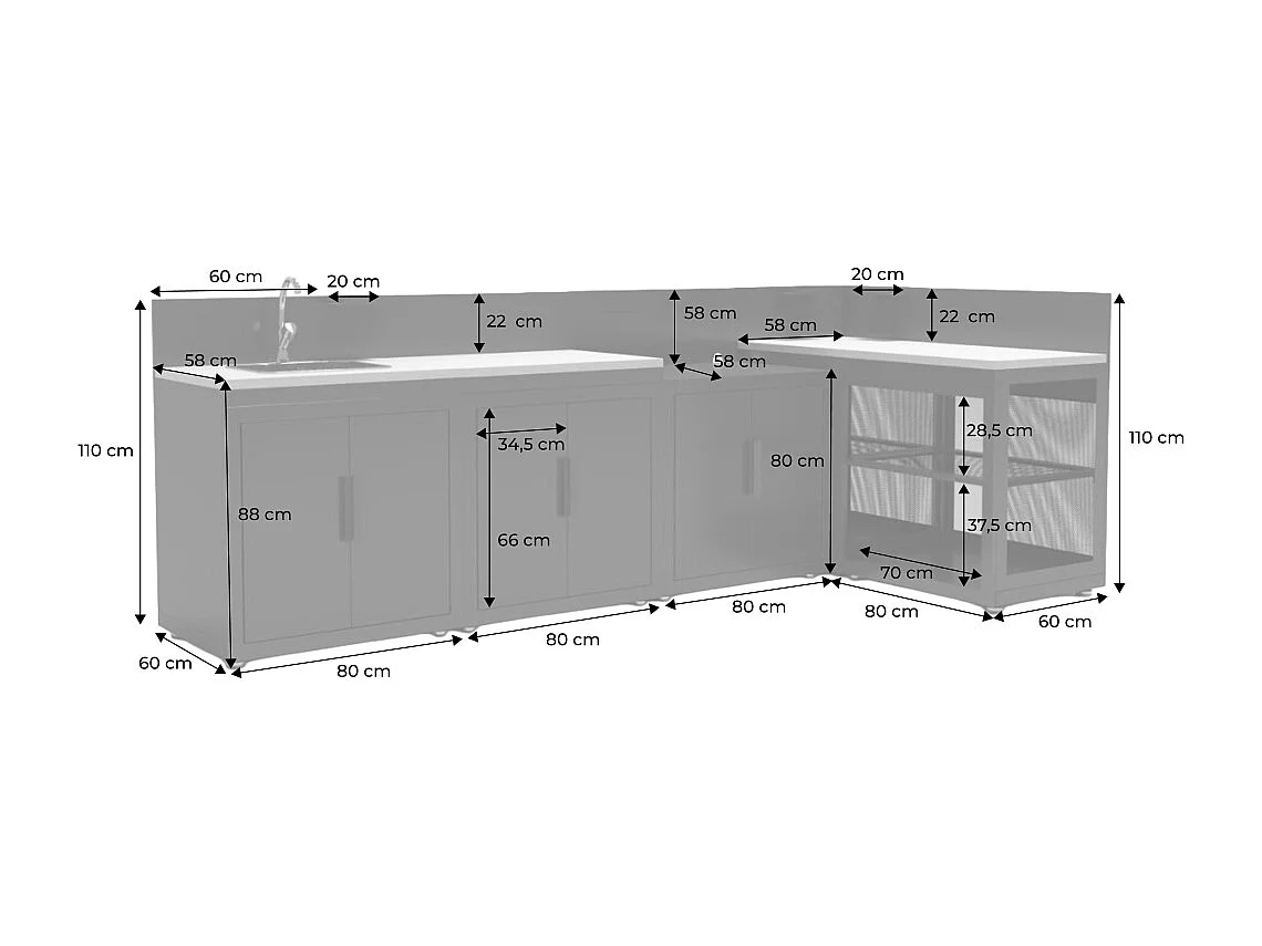 Cocina de exterior 5 módulos acero y decoración madera negro