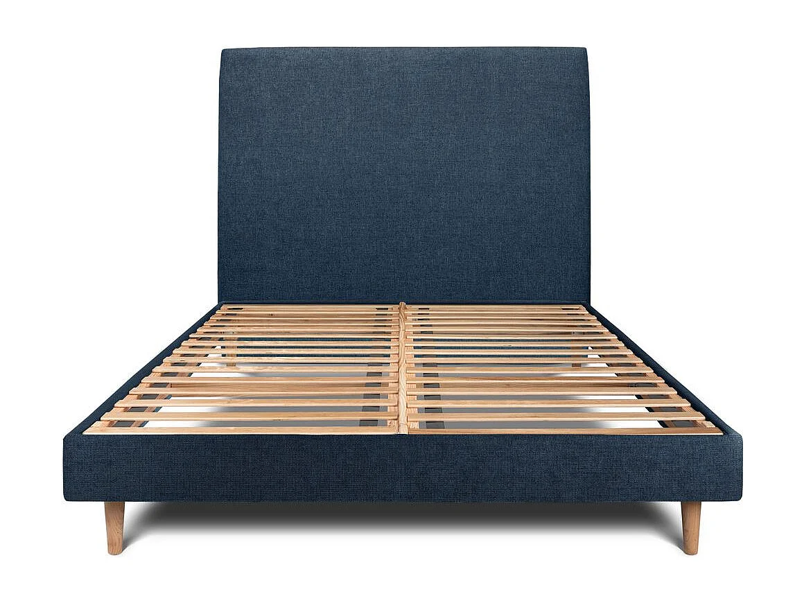 Lit 140x190cm avec tête de lit tapissier tissu et sommier kit Bleu - Hauteur totale : 29cm