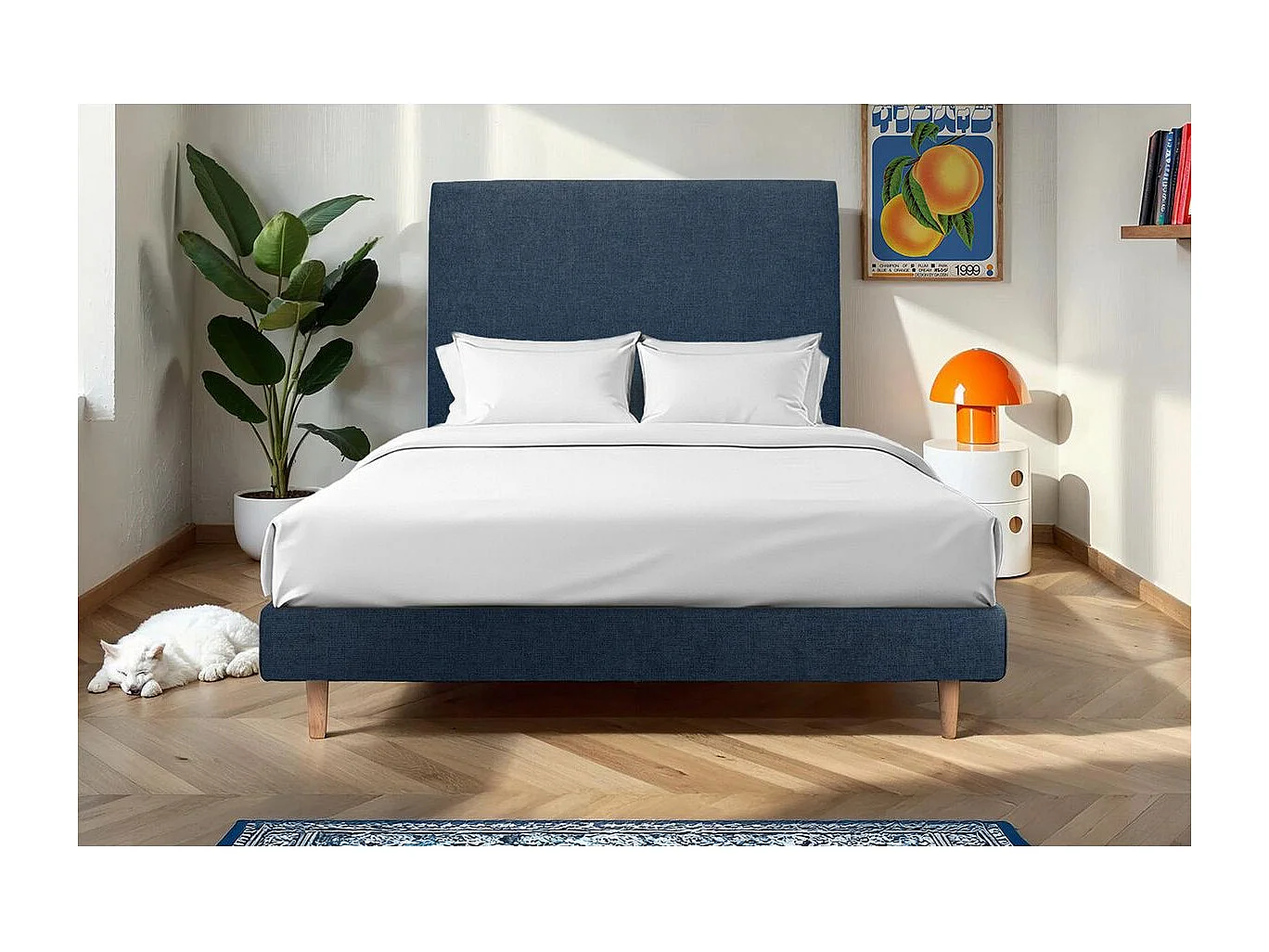 Lit 140x190cm avec tête de lit tapissier tissu et sommier kit Bleu - Hauteur totale : 29cm