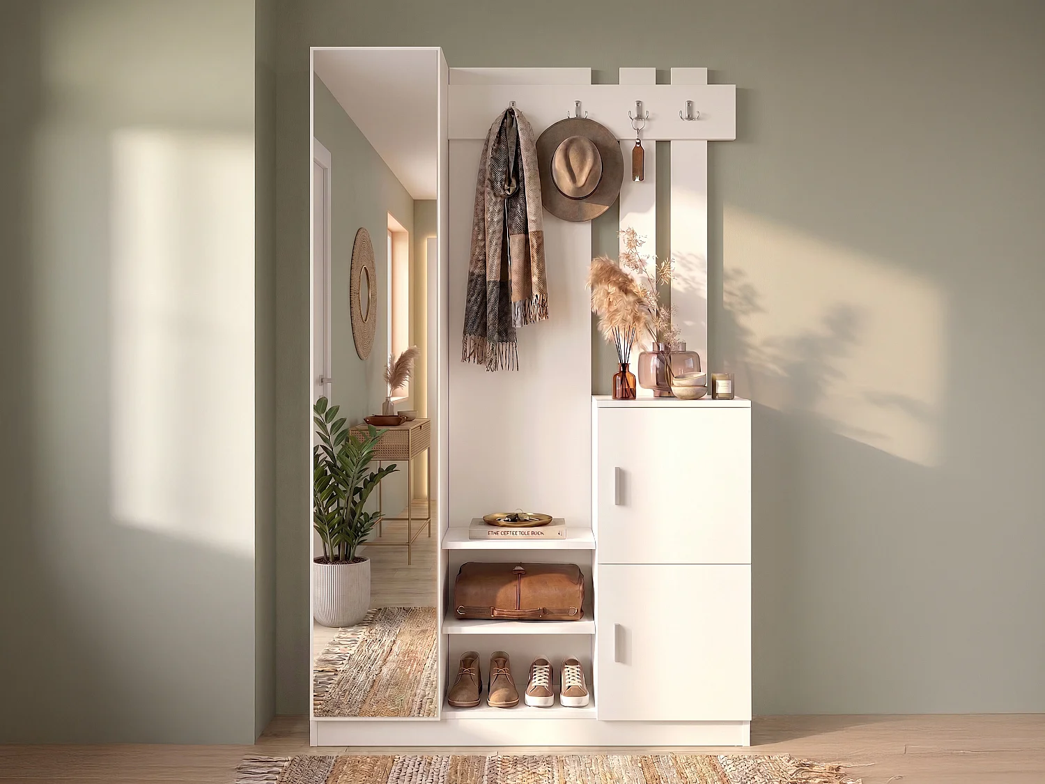 Vestiaire avec 3 portes et 1 miroir - Blanc - MIROTA