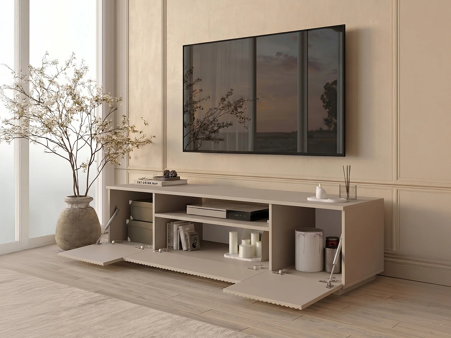 Meuble TV avec 3 portes et 1 niche - Beige - EROLYA