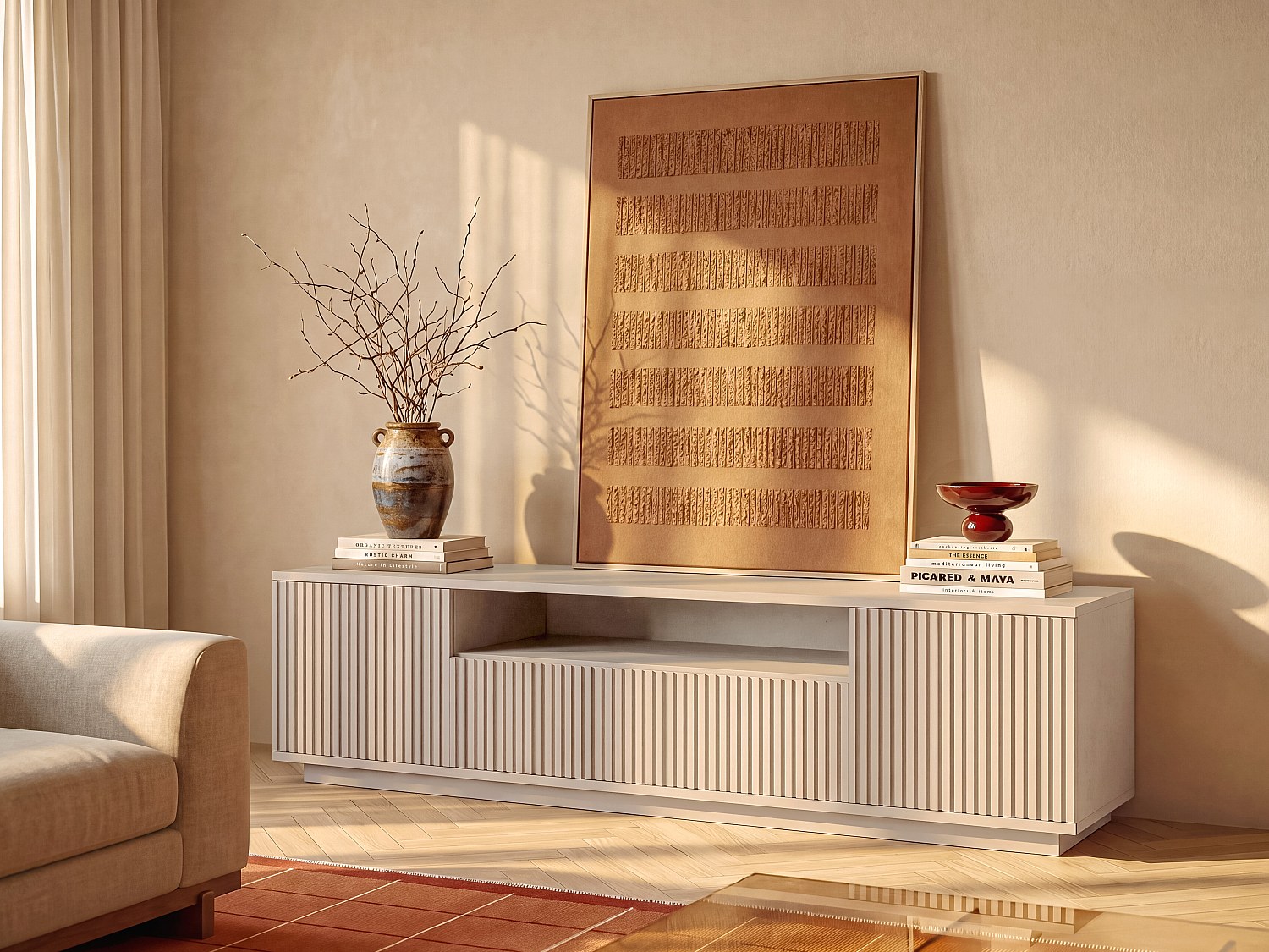 TV-Board mit 3 Türen und 1 Ablage - Beige - EROLYA