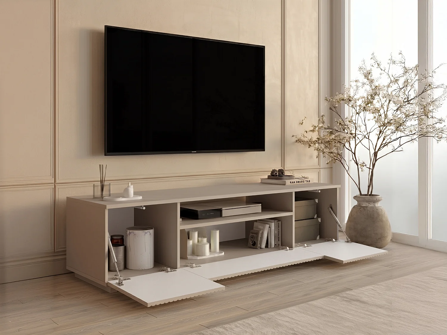 Mobile TV basso con 3 porte e 1 nicchia - Beige - EROLYA