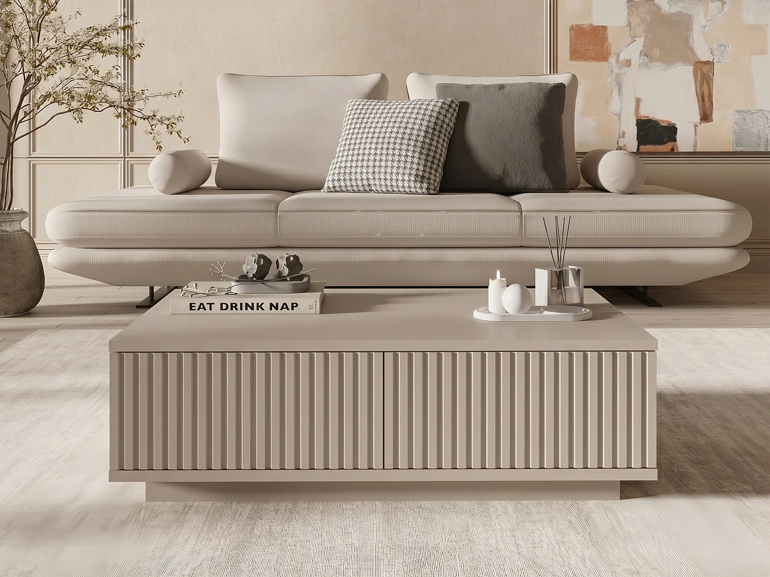 Table basse avec 2 portes - Beige - EROLYA