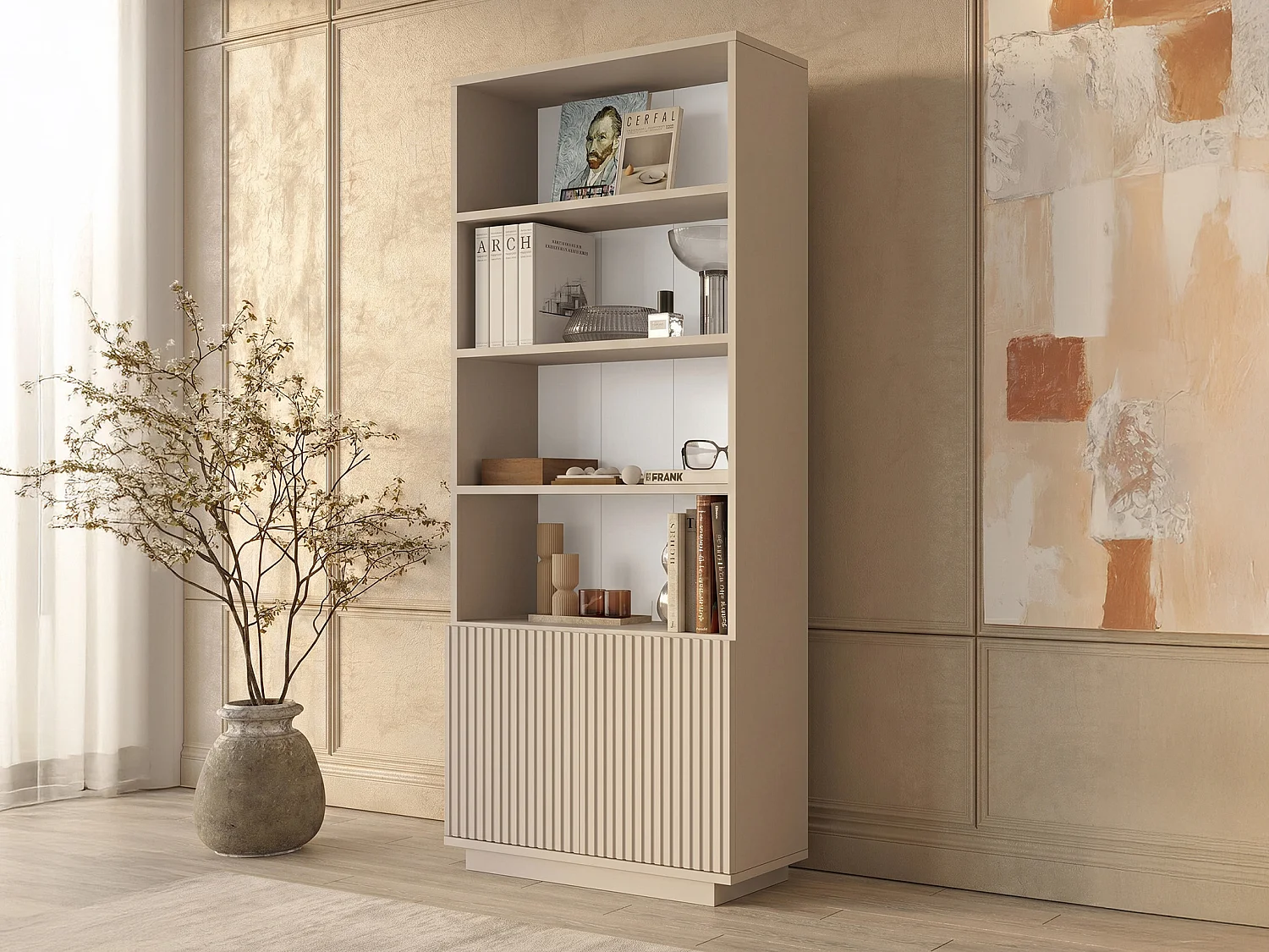 Bibliothèque avec 2 portes et 4 niches - Beige - EROLYA