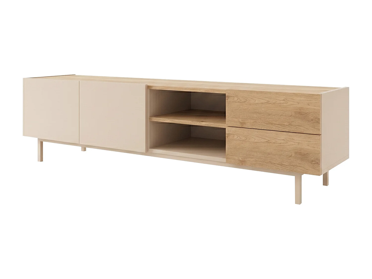 Meuble TV avec 2 portes, 2 tiroirs et 2 niches - Beige et naturel clair - REYALA